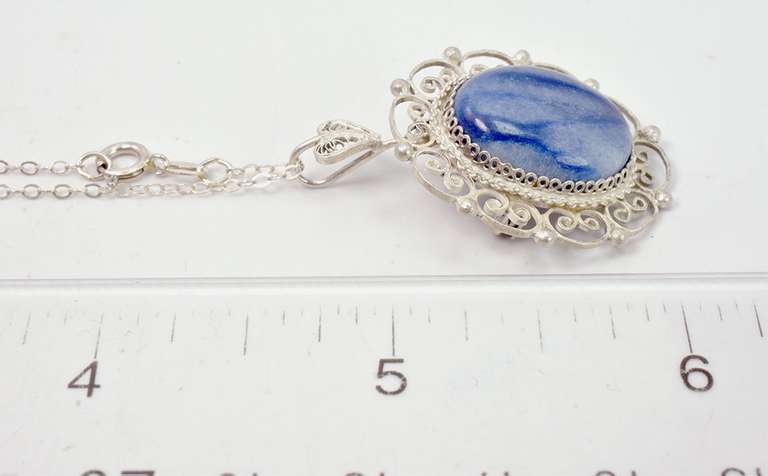 Beautiful Blue Cabochon Pendant Necklace in Sterling Silver