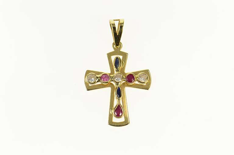 14K Yellow Gold Diamond Ruby Sapphire Cross Christian Faith Pendant