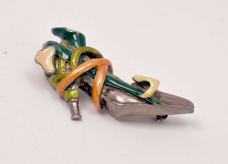 Surreal Sterling Silver Heel Brooch with Enamel Flower Vine Accents.