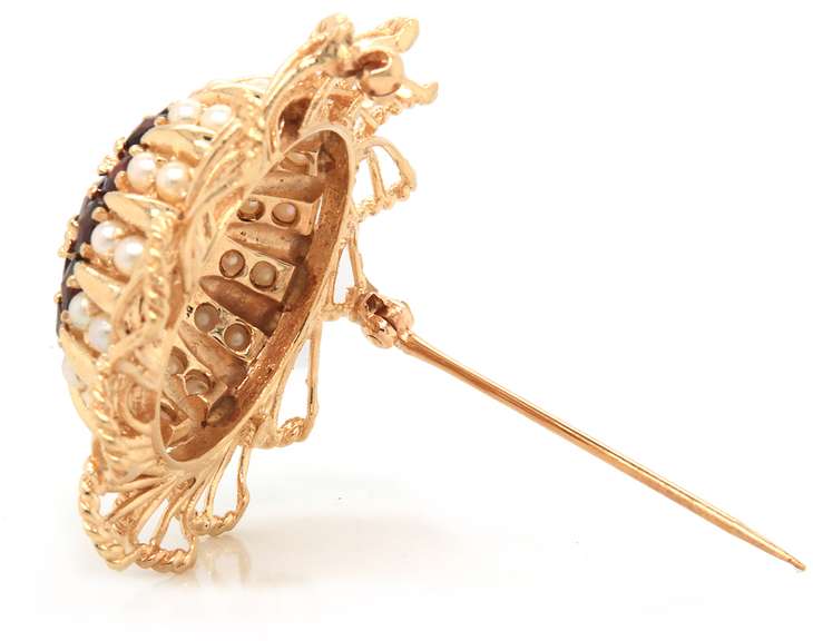 Entrancing 14kt YG Garnet & Pearl Flower Brooch with Openwork Petals