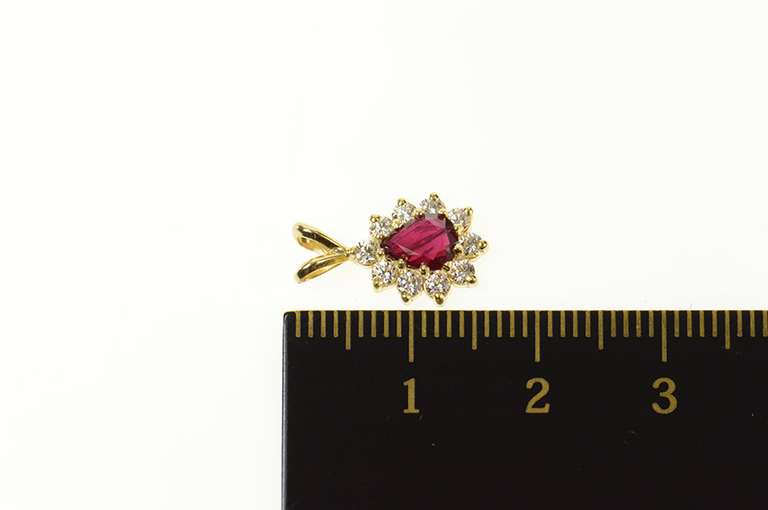 14K Yellow Gold Pear Ruby CZ Halo Ornate Statement Pendant