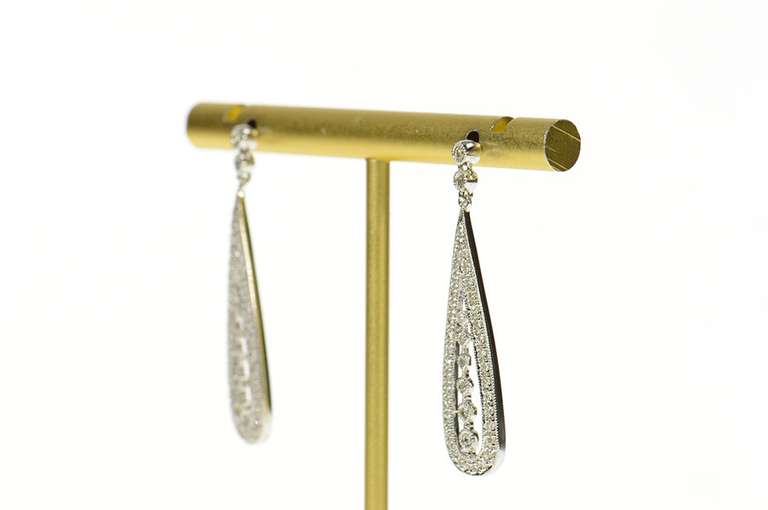 14K White Gold Pear Pave Diamond Encrusted Dangle Earrings