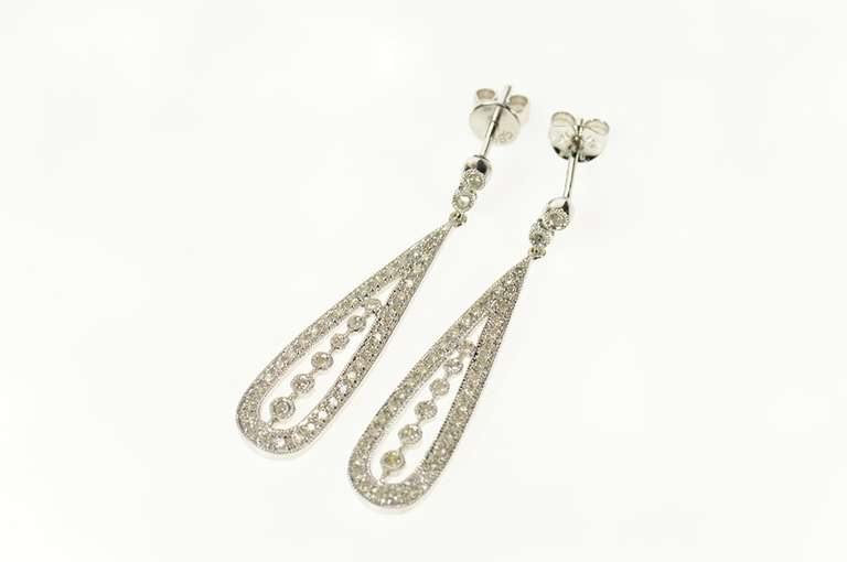 14K White Gold Pear Pave Diamond Encrusted Dangle Earrings