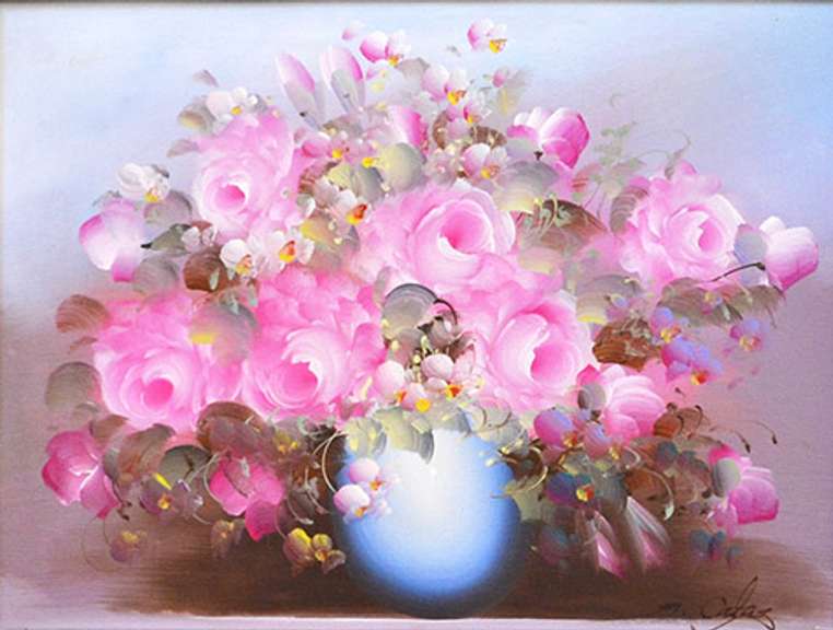 Vintage Still Life With Pink Roses in Vase, Signed Original Oil Painting on Canvas