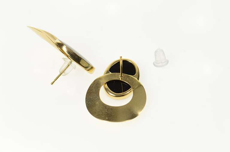 14K Yellow Gold Retro Oval Black Onyx Circle Drop Statement Earrings