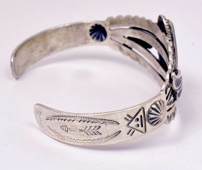 Intricate Native American Sterling Silver Bracelet with Large Green Center Turquoise