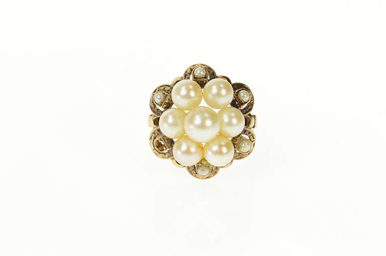 14K Yellow Gold 1950's Ornate Pearl Cluster Cocktail Ring