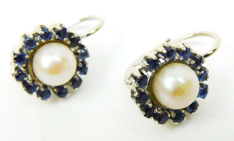 Exquisite 18K Pearls & Sapphires Pierced Earrings