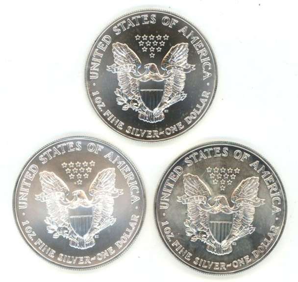 Superb Gem BU 2002, 2004, & 2005 $1 Silver Eagle coins