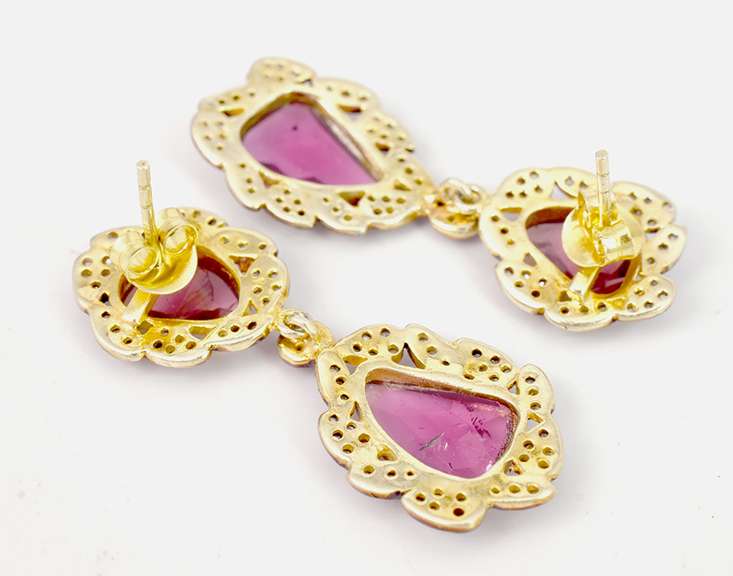 Dreamy Natural Pink Tourmaline Set in Gold Plated Sterling Silver Earrings with Diamond Accents