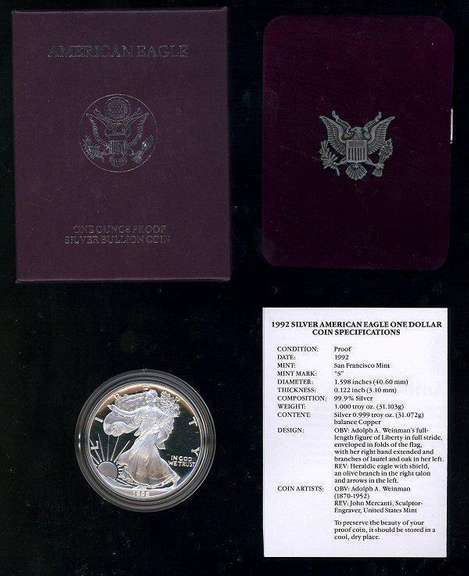 3 Diff. Superb Gem Cameo Proof Silver Eagles. Box/COA