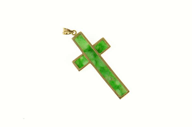 18K Yellow Gold Carved Ornate Jade Cross Christian Faith Pendant