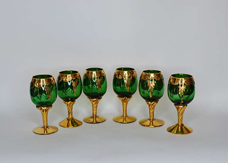Vintage Italian Hand Painted Gold and Emerald Green Cordial Footed Glasses With Enamel Flowers, Set of Six