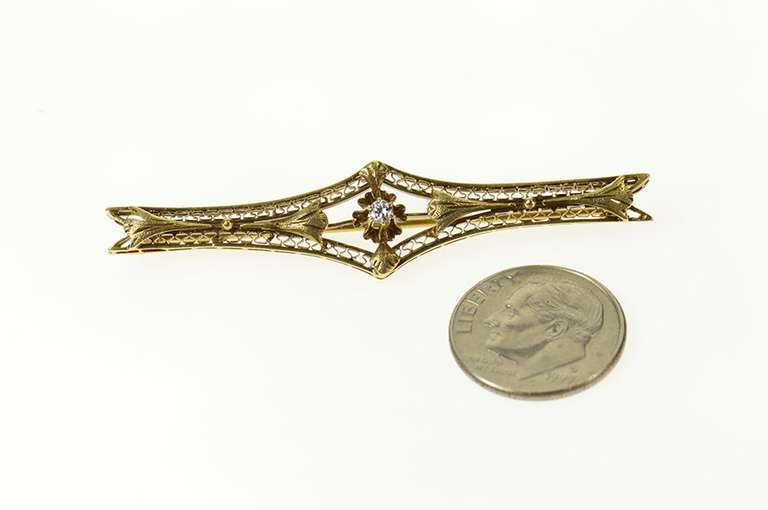 14K Yellow Gold Art Deco Diamond Ornate Filigree Bar Pin/Brooch