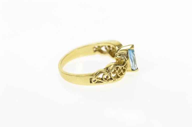 14K Yellow Gold Oval Blue Topaz Diamond Accent Filigree Ring