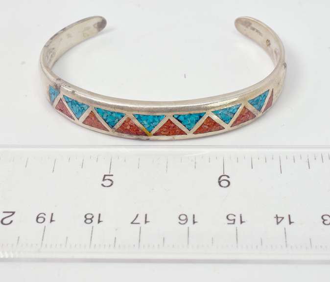 Colorful Native American Coral and Turquoise Bracelet. Signatured.