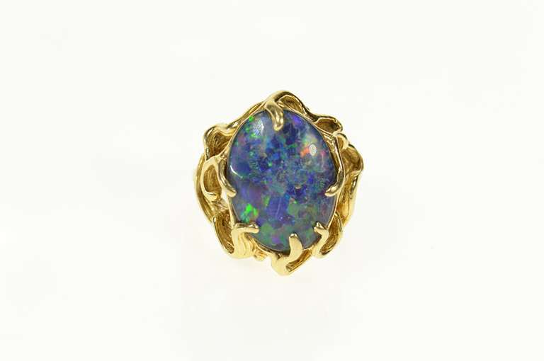 14K Yellow Gold Ornate Retro Sim. Black Opal Vine Cocktail Ring