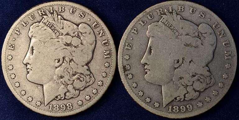Lot Of 2 Morgan Silver Dollars, 1898-S & 1899-S, Circulated.