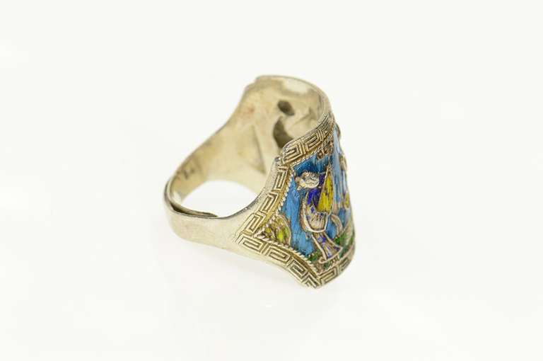 Sterling Silver Ornate Enamel Chinese Musician Statement Ring