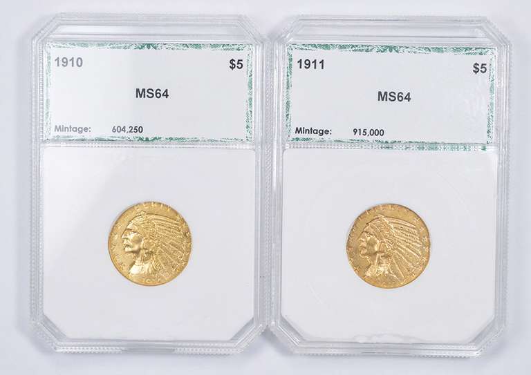 Lot (2) 1910 & 1911 $5.00 Indian Head Gold Half Eagles - Graded PCI