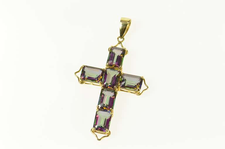 14K Yellow Gold Emerald Cut Mystic Topaz Cross Christian Pendant