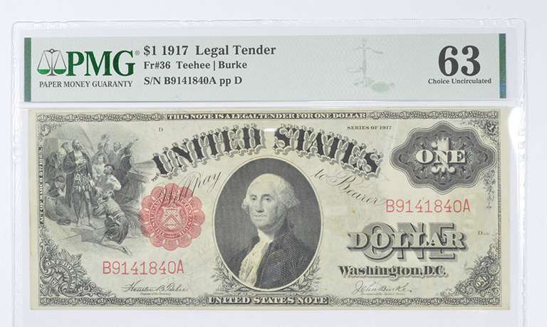 1917 $1 FR#36 U.S. Legal Tender Note Graded PMG - 63 Choice UNC