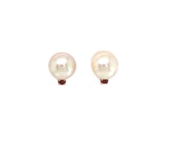 Nice Yellow Gold 6.5-7mm Pearl and Ruby Earrings