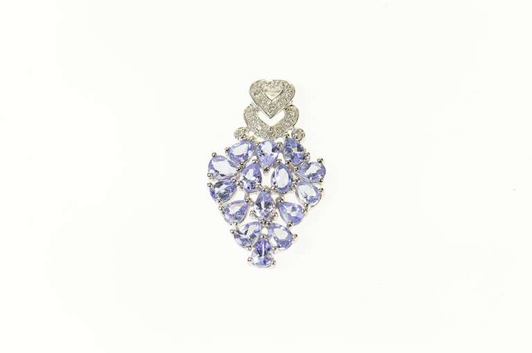 10K White Gold Pear Tanzanite Diamond Cluster Heart Pendant