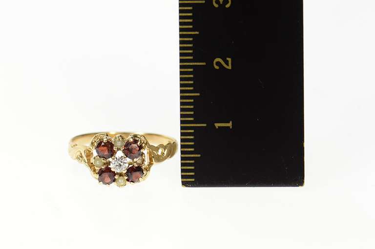 14K Yellow Gold Victorian Diamond Garnet Seed Pearl Statement Ring