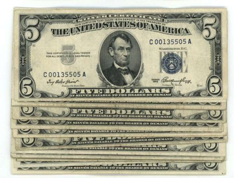 18 Nice 1953 Series $5 Blue Seal Silver Certificate notes