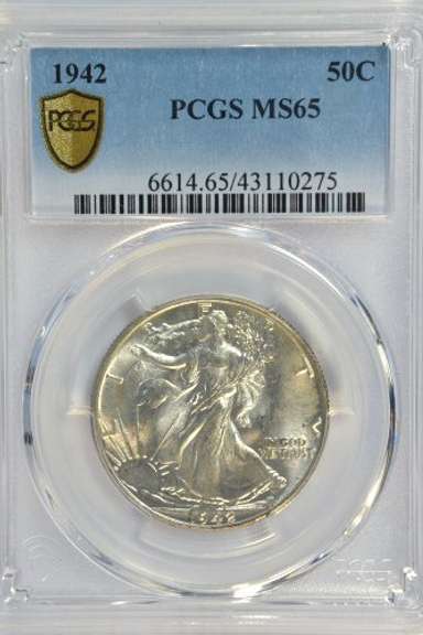 Solid Gem BU 1942 Walking Liberty Half Dollar. PCGS MS65
