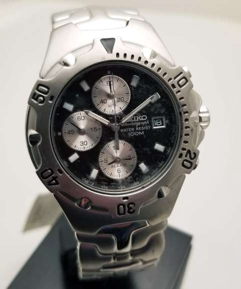 Seiko Men's SNA279 Alarm Chronograph Two Tone Stainless Steel black Dial