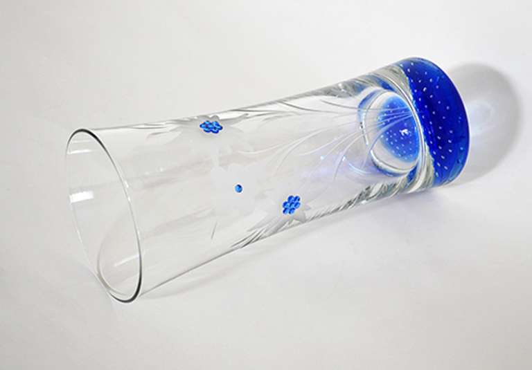Clear and Cobalt Blue Crystal Vase With Etched Flowers