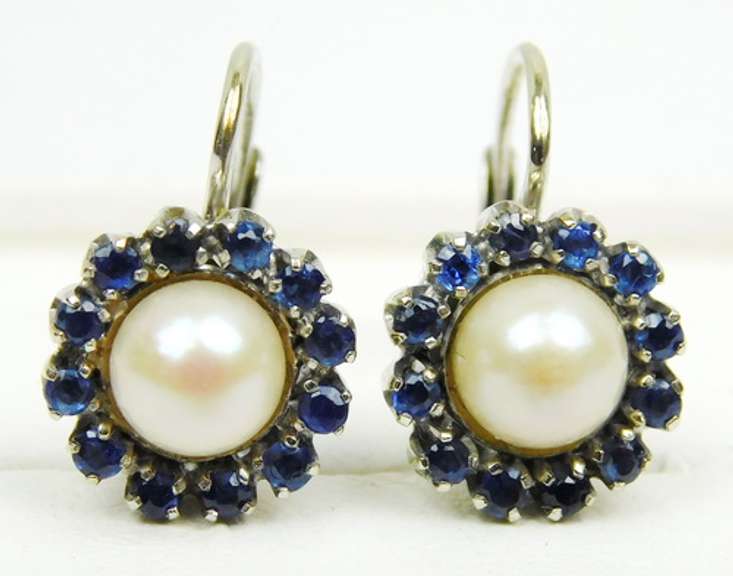 Exquisite 18K Pearls & Sapphires Pierced Earrings