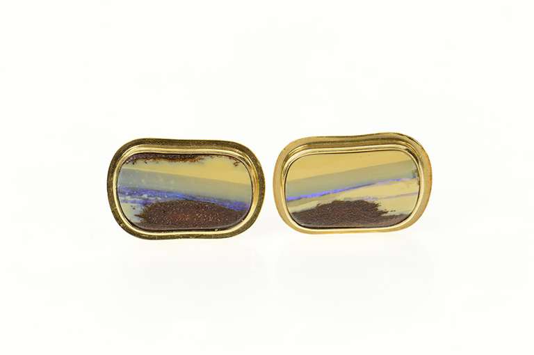 14K Yellow Gold Ornate Natural Raw Opal Inset Cuff Links
