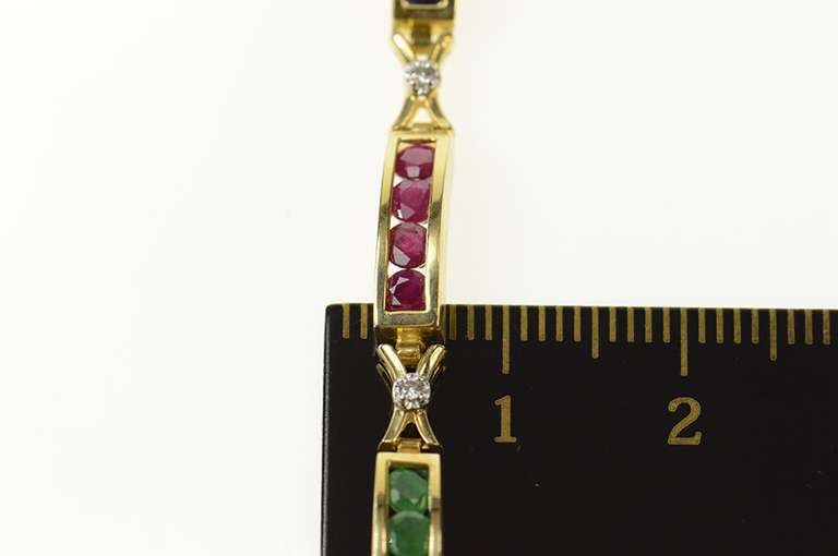 14K Yellow Gold Ruby Emerald Sapphire Diamond Bar Link Bracelet