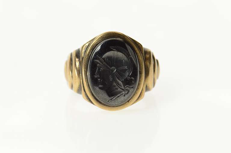 10K Yellow Gold Ornate Carved Hematite Intaglio Retro Ring