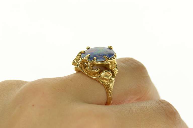 14K Yellow Gold Ornate Retro Sim. Black Opal Vine Cocktail Ring