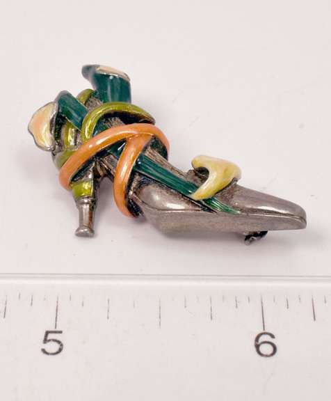 Surreal Sterling Silver Heel Brooch with Enamel Flower Vine Accents.