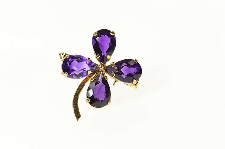 14K Yellow Gold Retro Syn. Amethyst Clover Shamrock Pin/Brooch