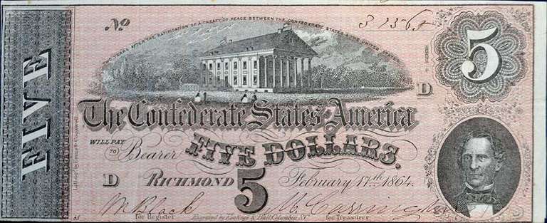 Confederate States Of America $5 Richmond February 17th 1864. Lightly Circulated.
