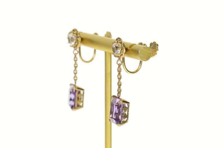18K Yellow Gold Victorian Amethyst CZ Dangle Screw Back Earrings