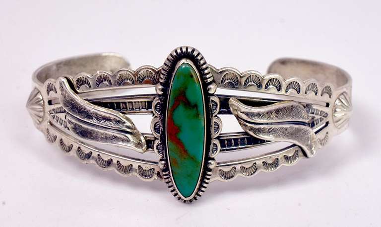 Intricate Native American Sterling Silver Bracelet with Large Green Center Turquoise