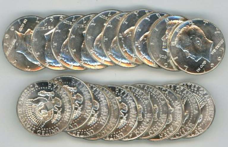Flashy BU roll of 20 Silver Kennedy Half Dollars 1965-1969