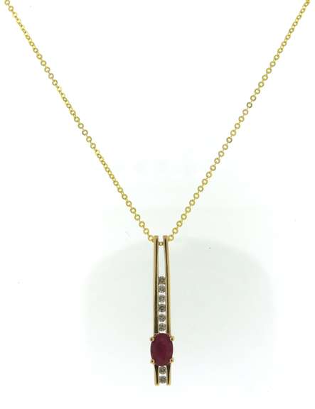 Romantic Oval Ruby Diamond Bar Pendant on Chain