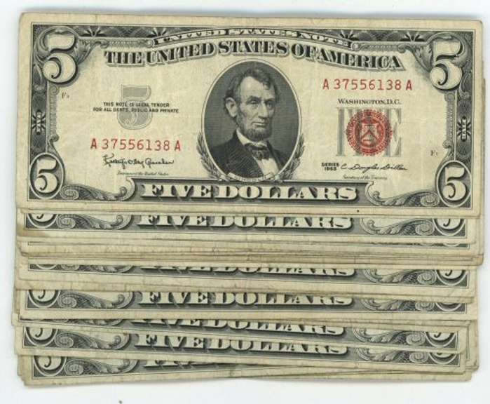25 Series of 1963 $5 Red Seal Notes in nice circ