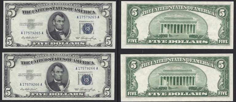 Consecutive Pair $5 1953 Silver Certificates Choice Uncirculated.