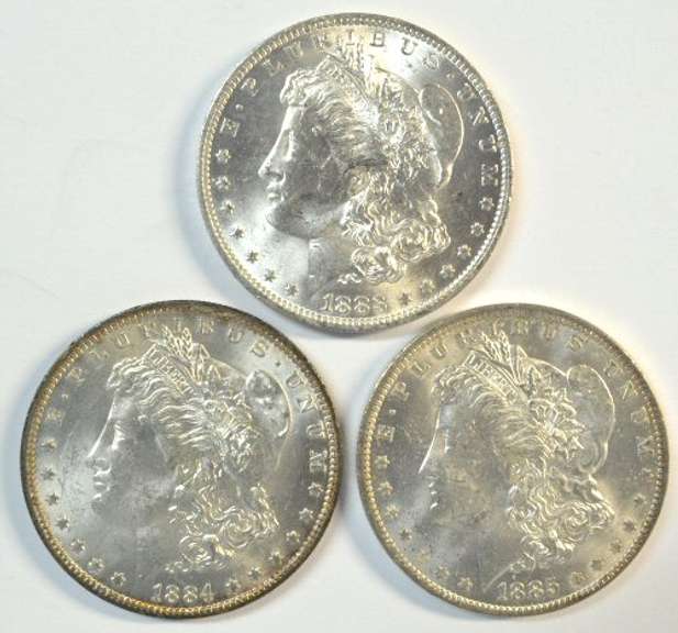 Super Choice BU 1883-O, 84-O, & 85-O Morgan Silver Dollars