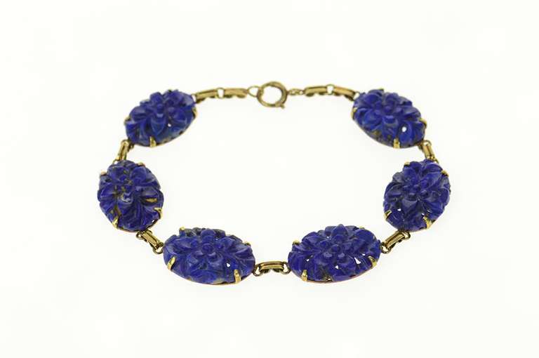 14K Yellow Gold Carved Floral Lapis Lazuli Statement Bracelet