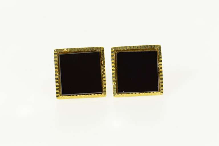 14K Yellow Gold Square Black Onyx Grooved Trim Stud Earrings